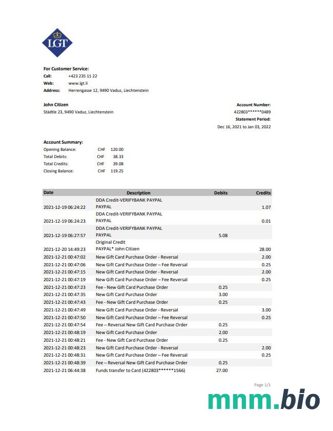 Szablon wyciągu bankowego Liechtenstein LGT w formacie Word i PDF